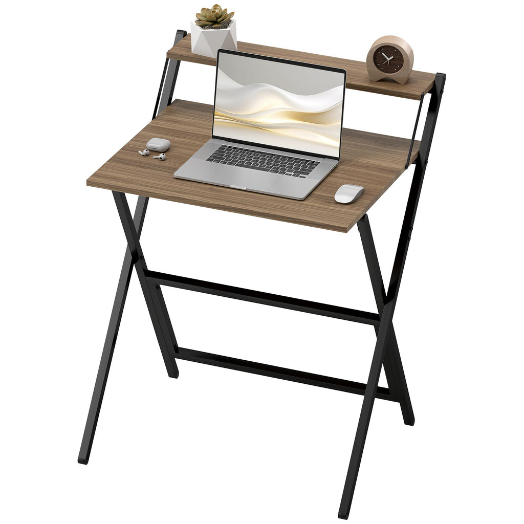 Folding Computer Desk, 27.6" Foldable Desk with Monitor Shelf for Small Space, Home Office, Study, Easy Assembly, Walnut