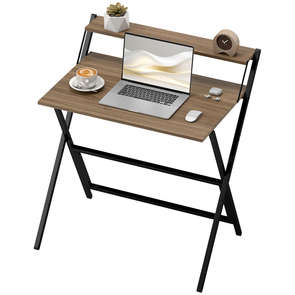 Folding Computer Desk, 32" Foldable Desk with Monitor Shelf for Small Space, Home Office, Study, Easy Assembly, Walnut