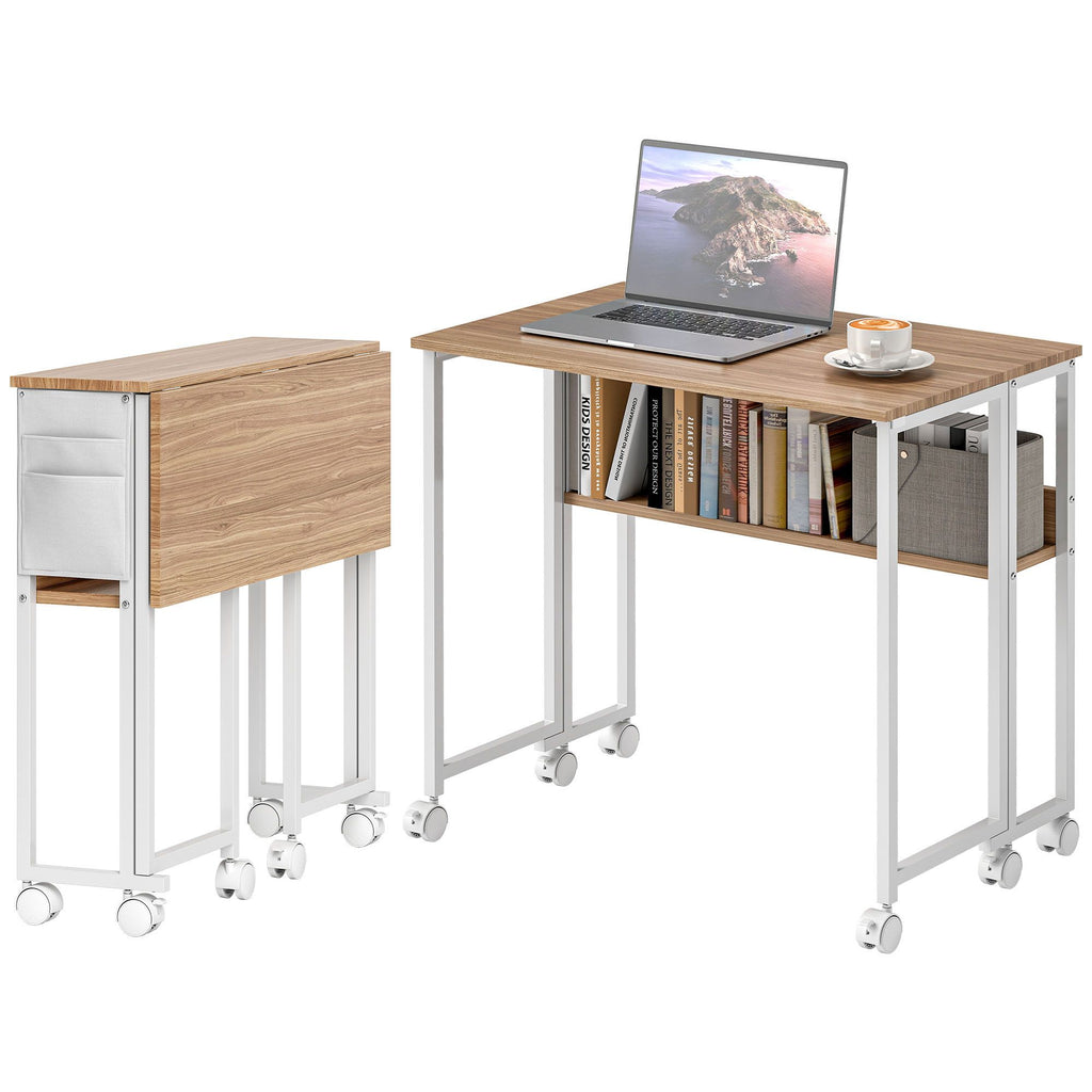 Folding Computer Desk, Foldable Desk with Storage Bag, Shelf and Wheels for Small Spaces, Home Office, Natural Wood