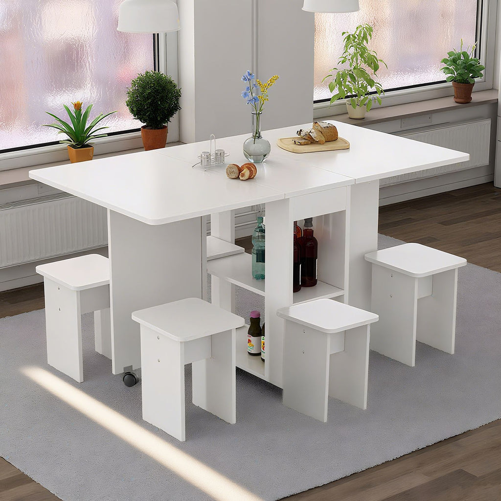 Folding Drop Leaf Dining Table Set for 4 with 4 Chairs, Space Saving Foldable Dining Table with Storage and 6 Wheels, 47.2 inch D x 23.6 inch W x 30.3 inch H, White