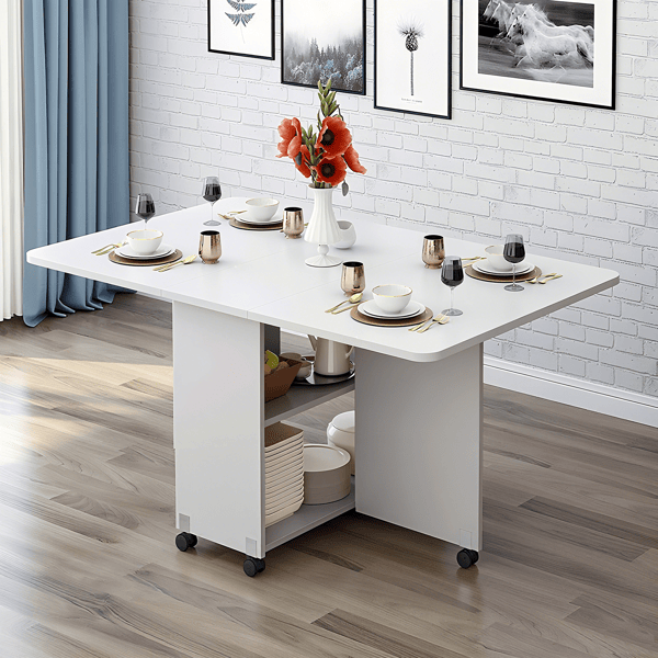 Folding Drop Leaf Dining Table with 6 Wheels and 2-Layer Storage Shelf, Space Saving Table for Small Spaces, 47.2 inch D x 23.6 inch W x 30.3 inch H, White