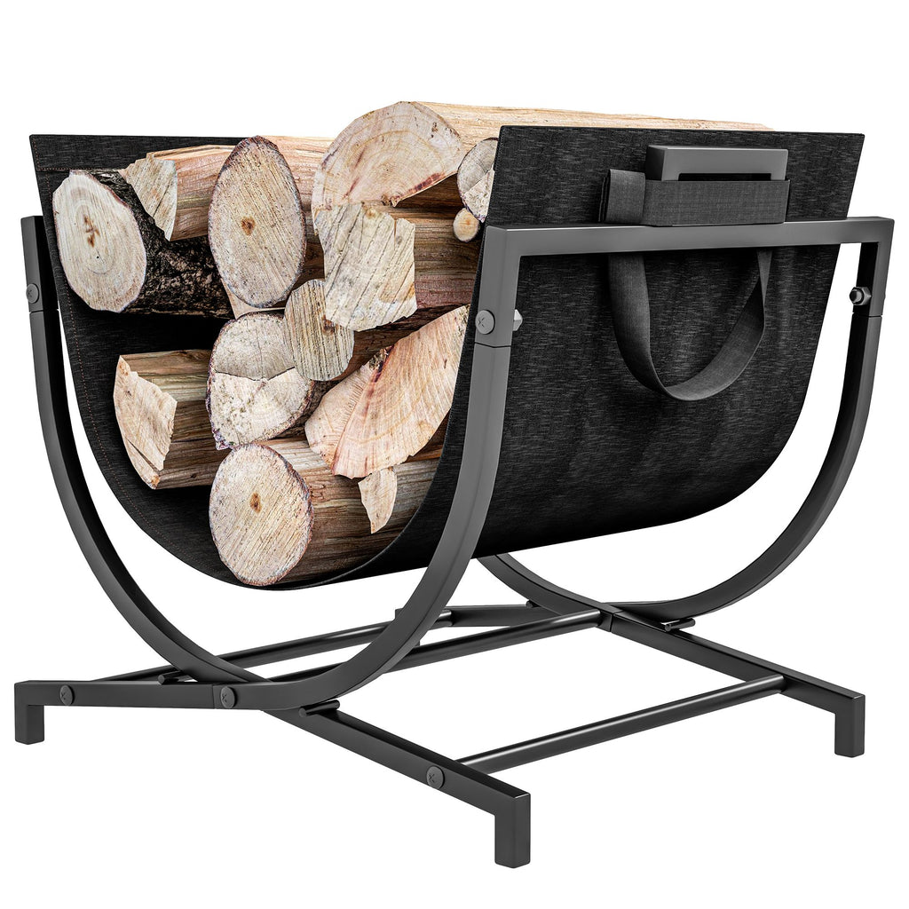 Folding Firewood Rack Indoor Outdoor Wood Storage Log Holder with Canvas Carrier, Handles, 16.9" x 15" x 15.9", Black