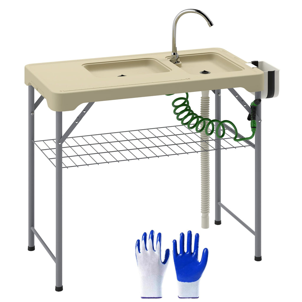 Folding Fish Cleaning Table with Sinks, Portable Camping Sink Table with Faucet, Drainage Hose, Sprayer, Shelf, Drawer and Storage Basket, Outdoor Fillet Table for Picnic Beach Patio, Tan