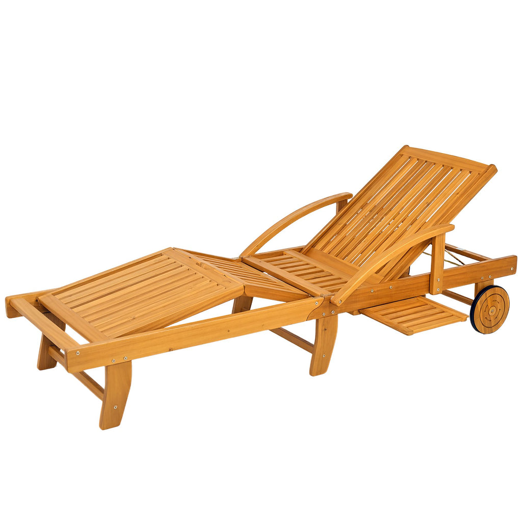 Folding Lounge Chair, 4-Level Adjustable Tanning Chair with Wheels, Acacia Wood Patio Lounger for Beach, Teak