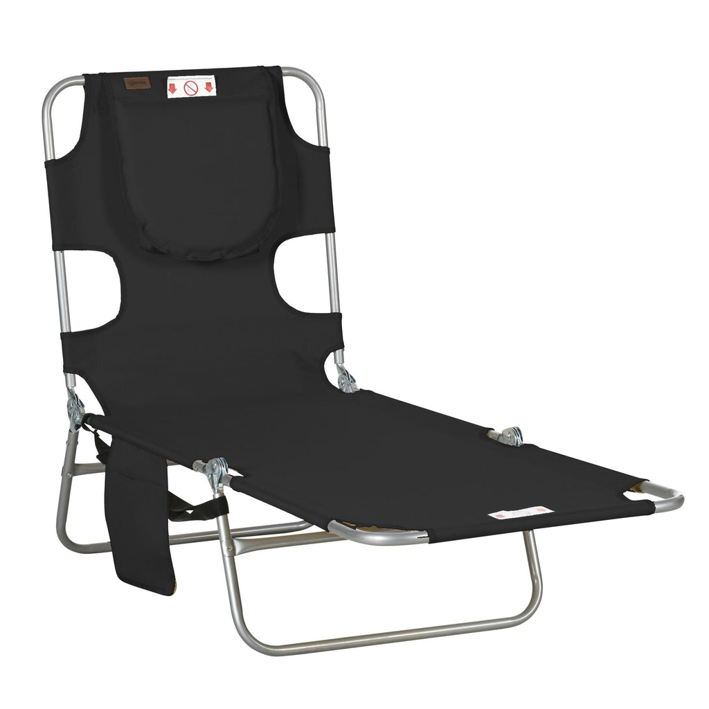 Folding Outdoor Chaise Lounge Sun Tanning Chair with Face Cavity, Pillow, 5-level Adjustable for Beach, Pool, Black