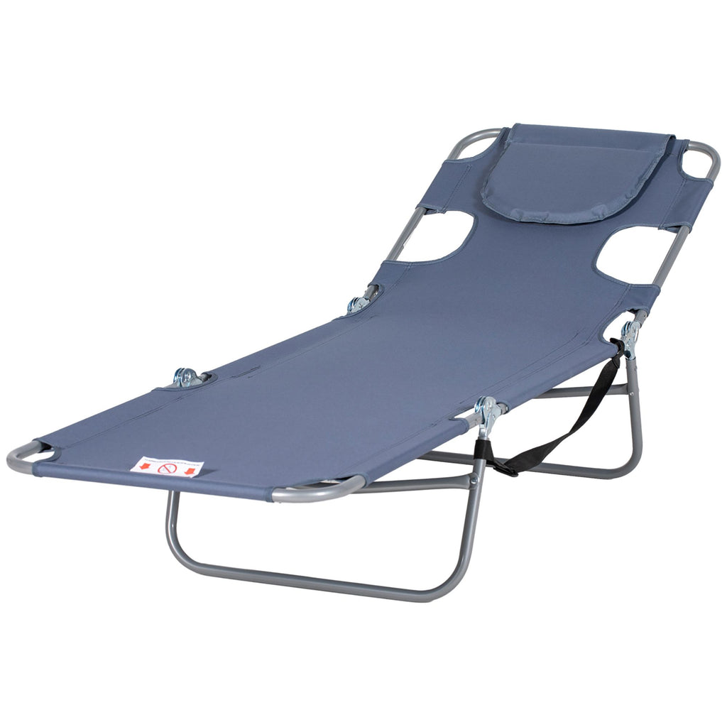Folding Outdoor Chaise Lounge Sun Tanning Chair with Face Cavity, Pillow, 5-level Adjustable for Beach, Pool, Gray