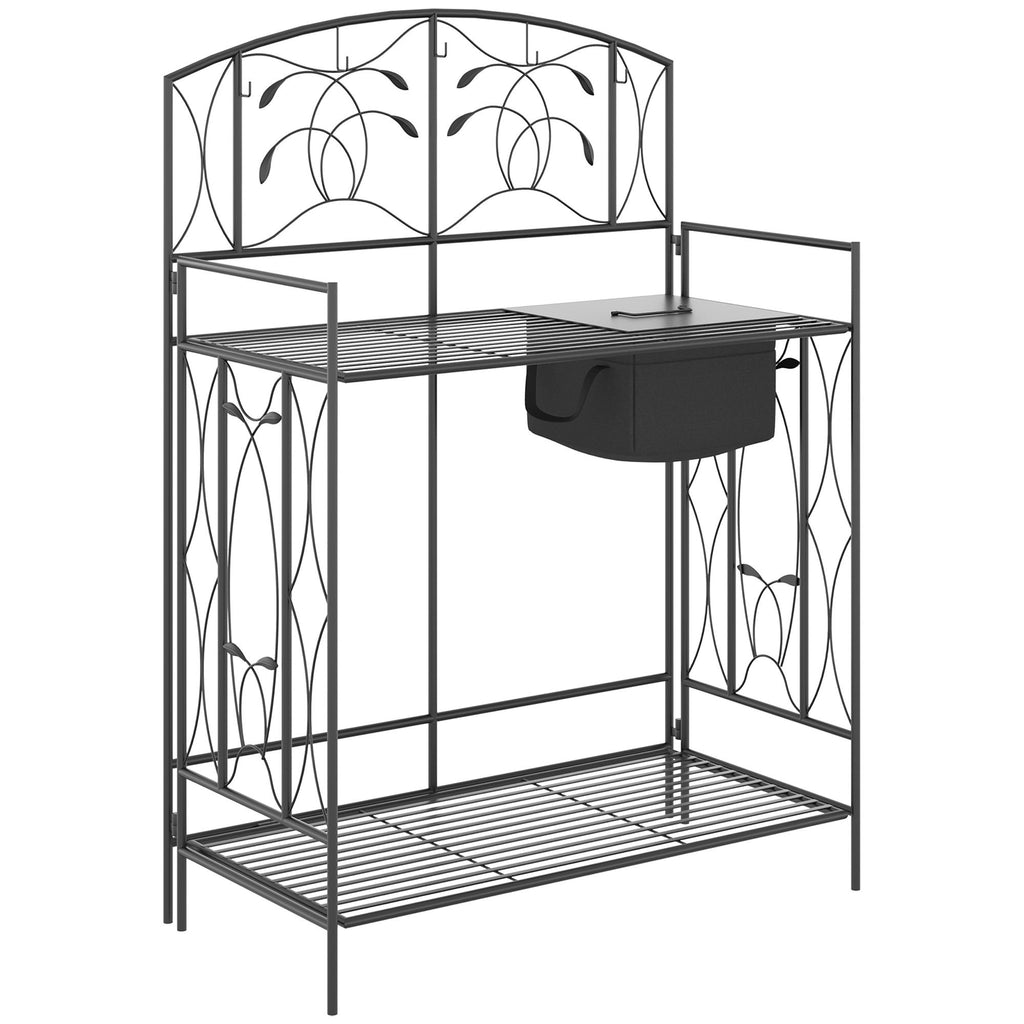 Folding Potting Bench Table, Metal Garden Workstation, Work Bench with Large Built-in Bag with Cover, 5 Hanging Hooks & Storage Shelf