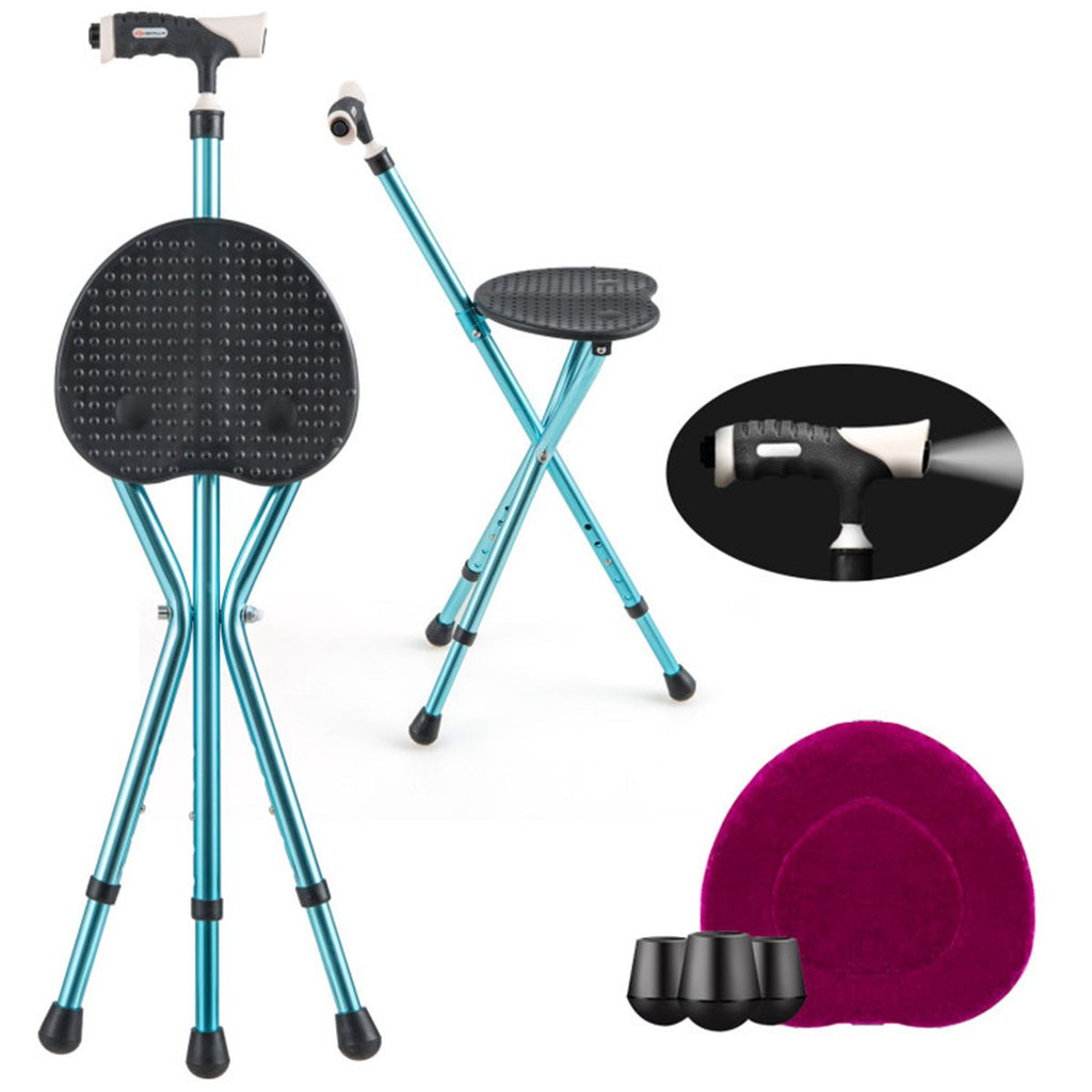 Folding Seat Cane (220lbs): 5-Level Height Adjust, LED Light, Anti-Slip Pads, Aluminum Alloy, Bonus Cushion/3 Foot Pads for Elder-Blue