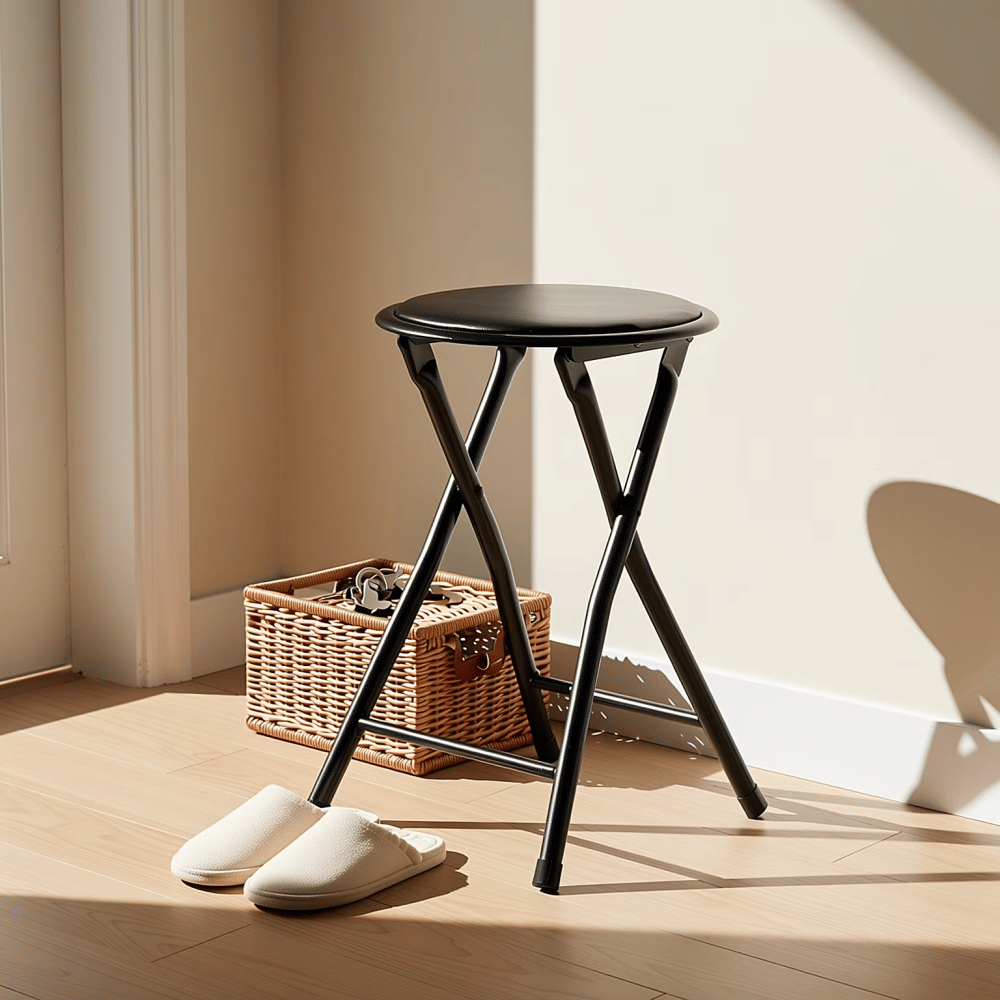 Folding Stool with Round Seat, Black Metal Frame, Portable Space-SavingDesign (Shipment from Walmart)