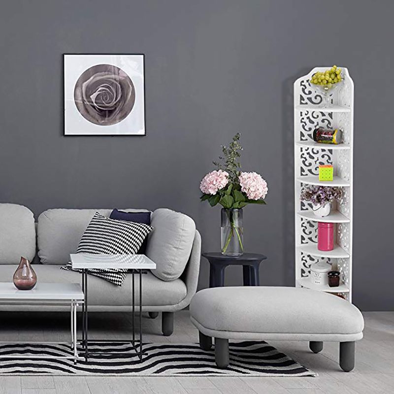 Free shipping 7-Tier Modular Cut-Out Quarter-Circle Wood-Plastic Composite Corner Shelf Storage Shelves Organizer Display Rack for Kitchen and Corner Shelf Unit White  YJ