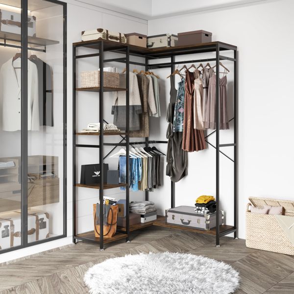 Free-Standing L Shaped Closet Clothing Rack; Independent wardrobe manager; clothes rack; multiple storage racksLarge Heavy Duty Clothing Storage Shelving Unit for Bedroom Laundry Room; Brown