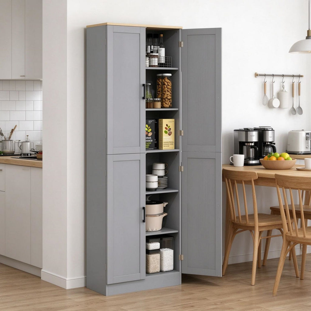 Freestanding 4-Door Kitchen Pantry Cabinet, Large Storage with Adjustable Shelves & Doors