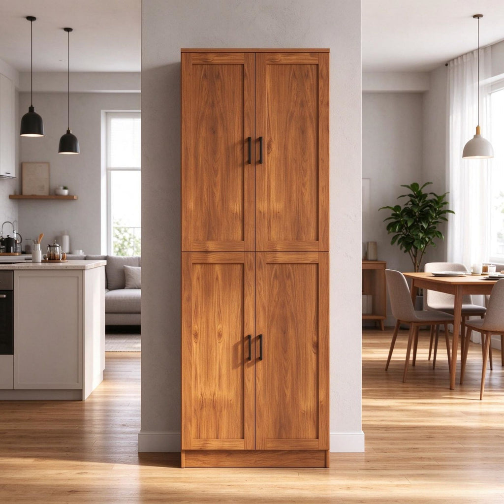 Freestanding 4-Door Kitchen Pantry Cabinet, Large Storage with Adjustable Shelves & Doors