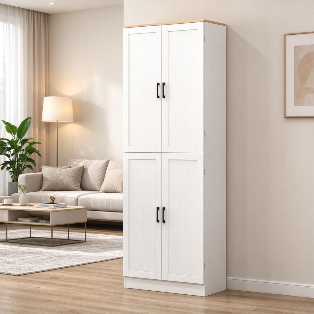 Freestanding 4-Door Kitchen Pantry Cabinet, Large Storage with Adjustable Shelves & Doors