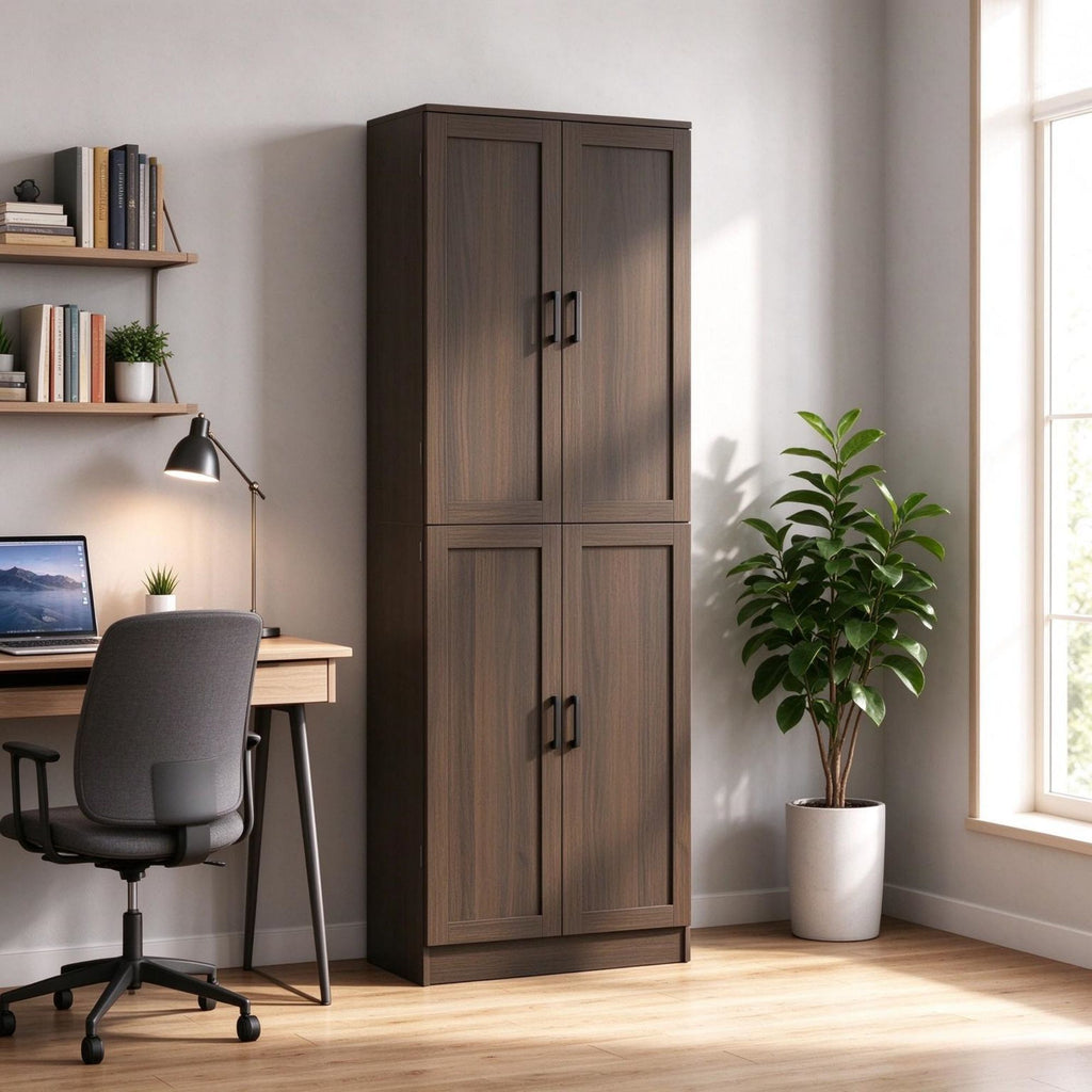Freestanding 4-Door Kitchen Pantry Cabinet, Large Storage with Adjustable Shelves & Doors
