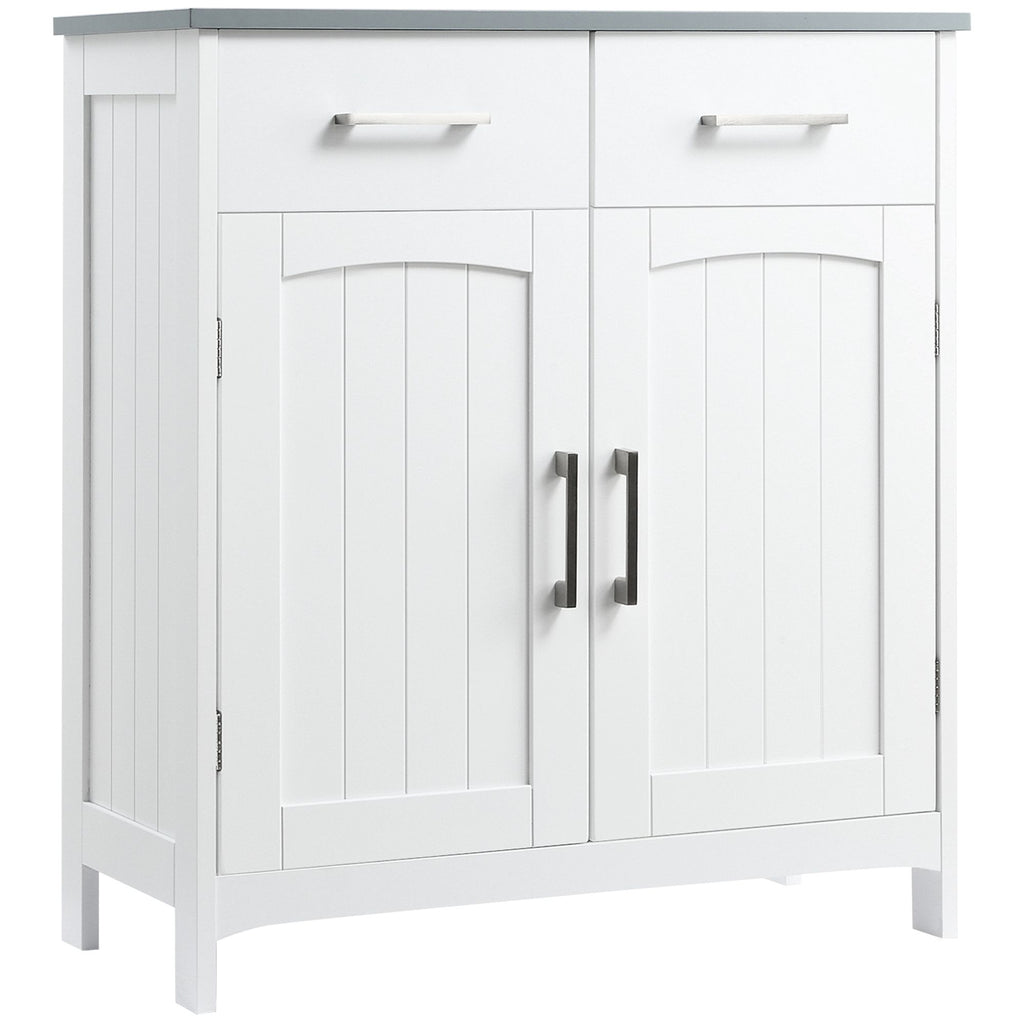 Freestanding Bathroom Linen Cabinet White Floor Storage Cupboard with 2 Drawers Double Doors Adjustable Shelf