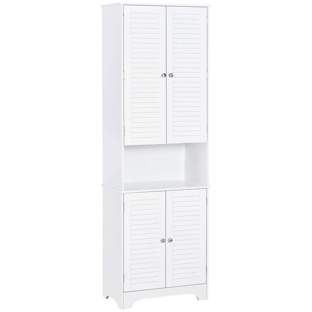 Freestanding Bathroom Linen Tower, Tall Storage Cabinet with Adjustable Shelves, Double Door, White