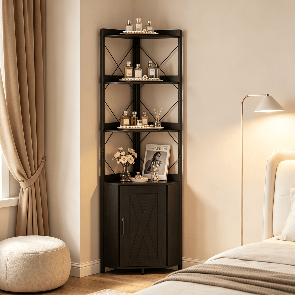 Freestanding Corner Display Shelf, Black Engineered Wood & Metal Bookcase with Concealed Cabinet, AntiFall Corner Storage Unit for Small Modern Home