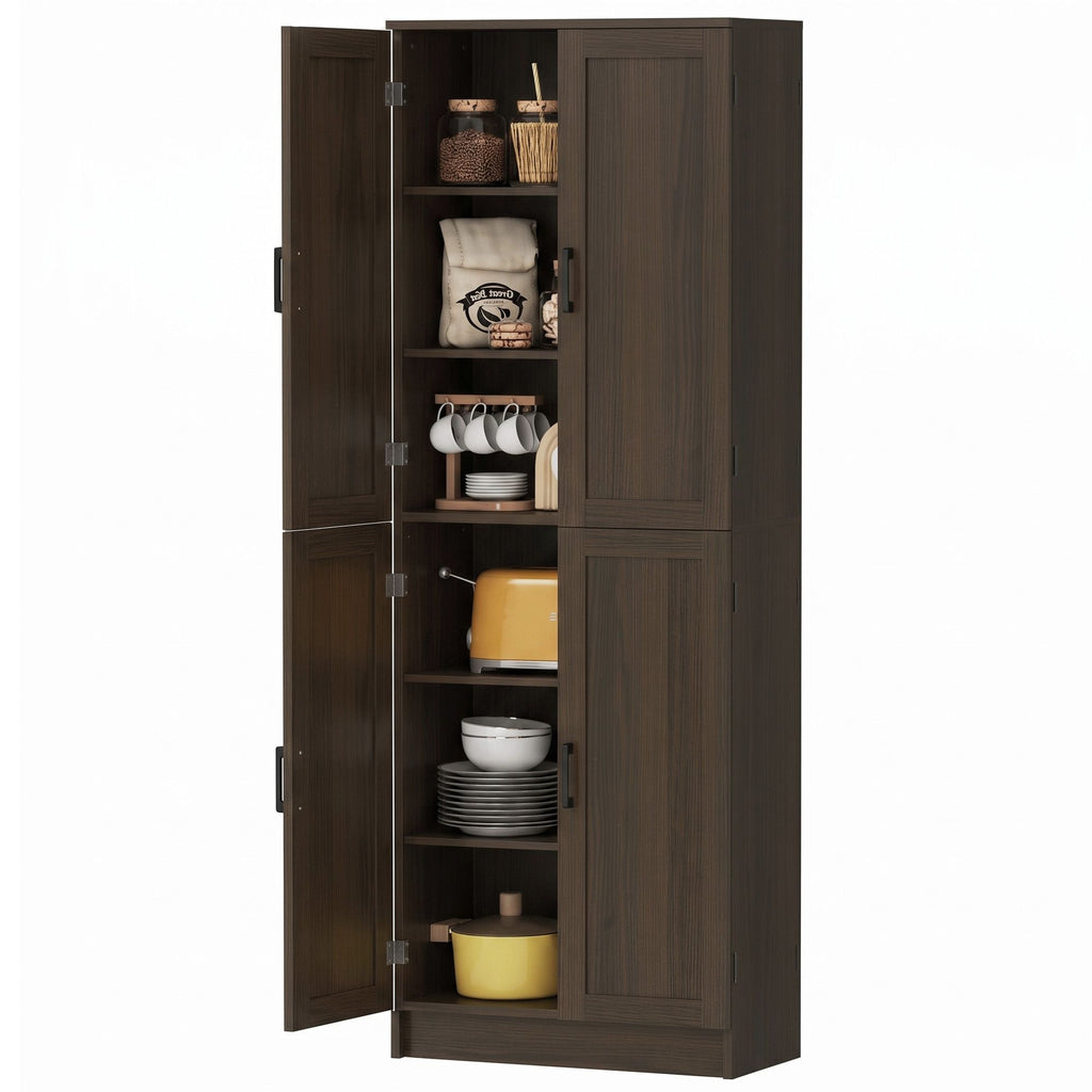 Freestanding Kitchen Pantry, 4-Door Kitchen Pantry Cabinet with Adjustable Shelves and Doors, Brown