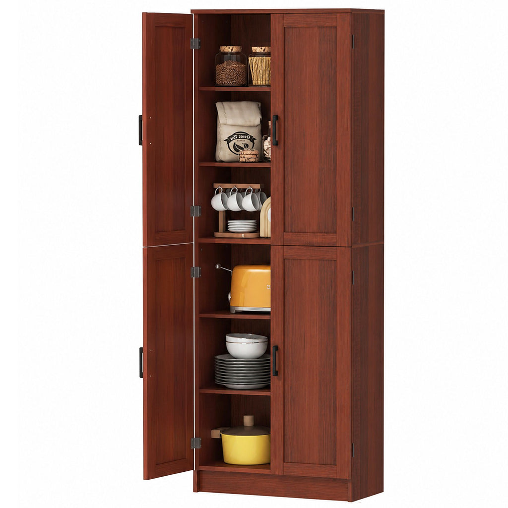 Freestanding Kitchen Pantry, 4-Door Kitchen Pantry Cabinet with Adjustable Shelves and Doors, Dark Brown