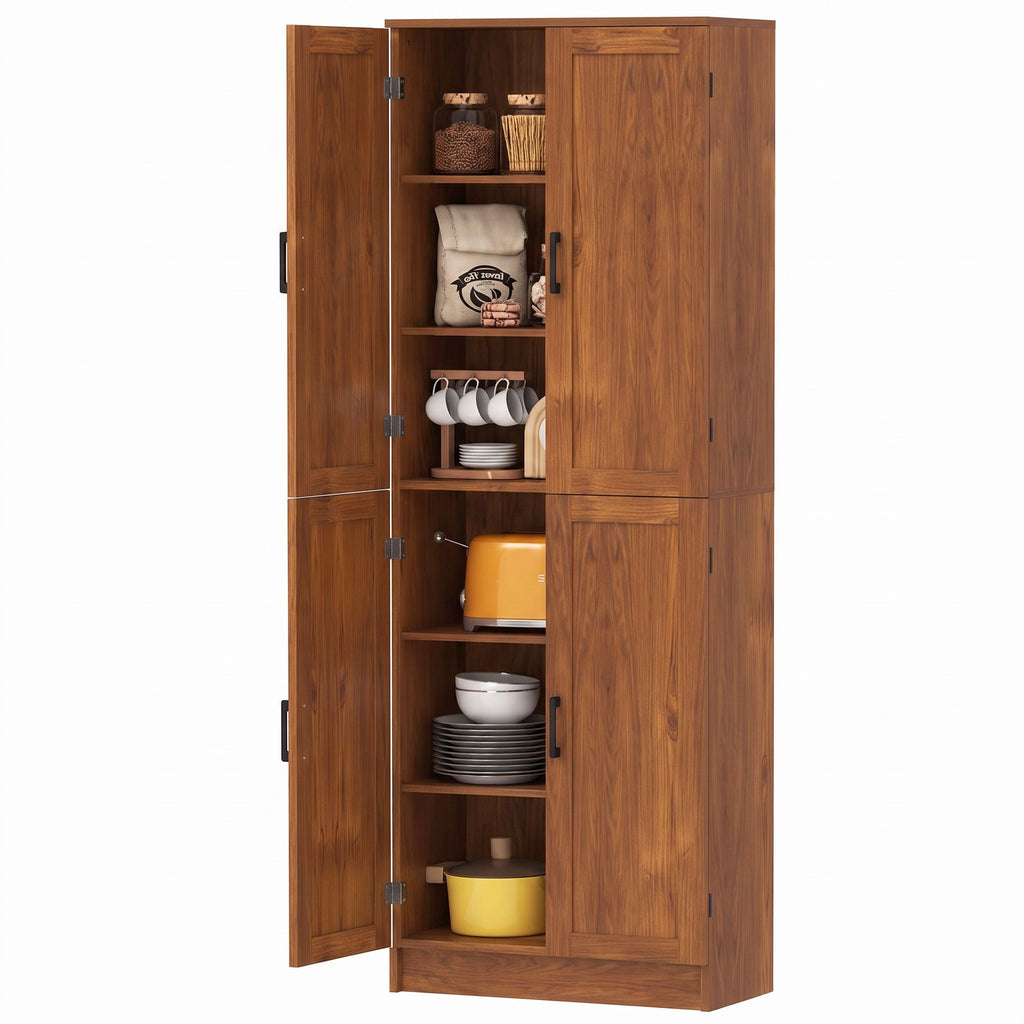 Freestanding Kitchen Pantry, 4-Door Kitchen Pantry Cabinet with Adjustable Shelves and Doors, Teak