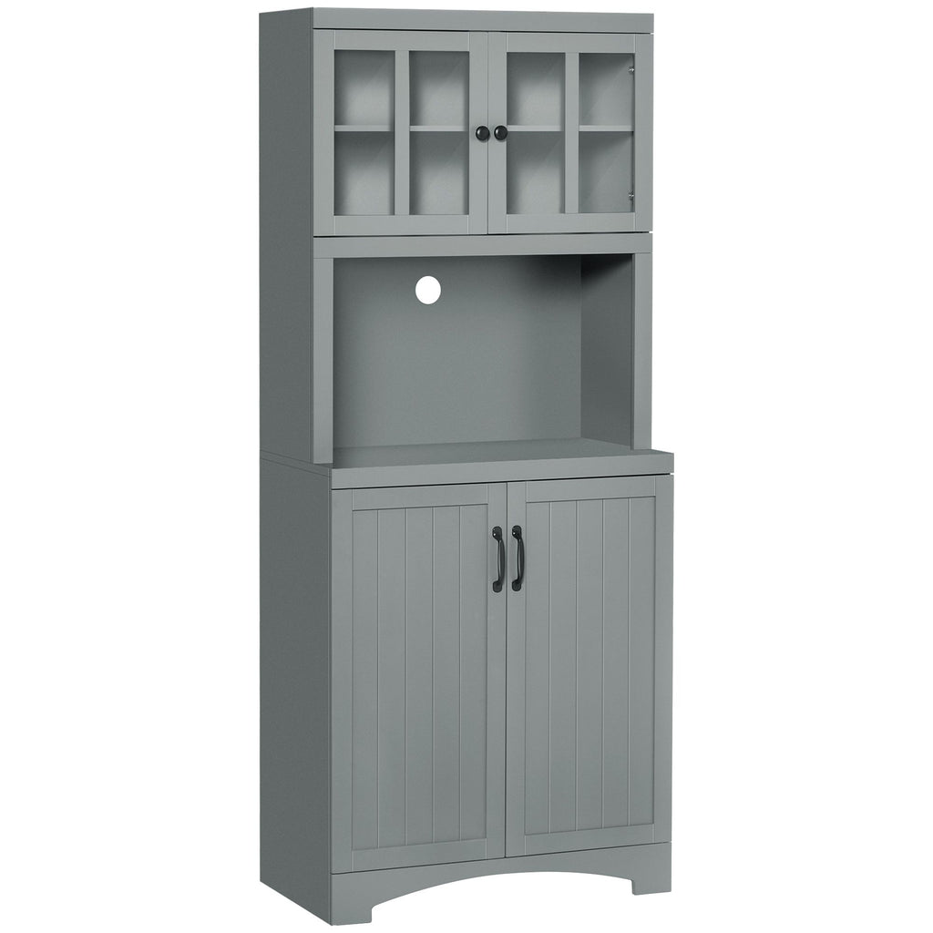 Freestanding Kitchen Pantry Cabinet, Tall Kitchen Storage Cabinet with Glass Framed Door and Microwave Space, Accent Kitchen Pantry, Gray