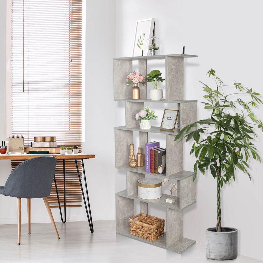 Freestanding Ladder Bookcase, 5 Cubes Corner Storage Bookshelf, 5-Layer Shelves Closet Organizer Rack Display Cabinet (Gray)