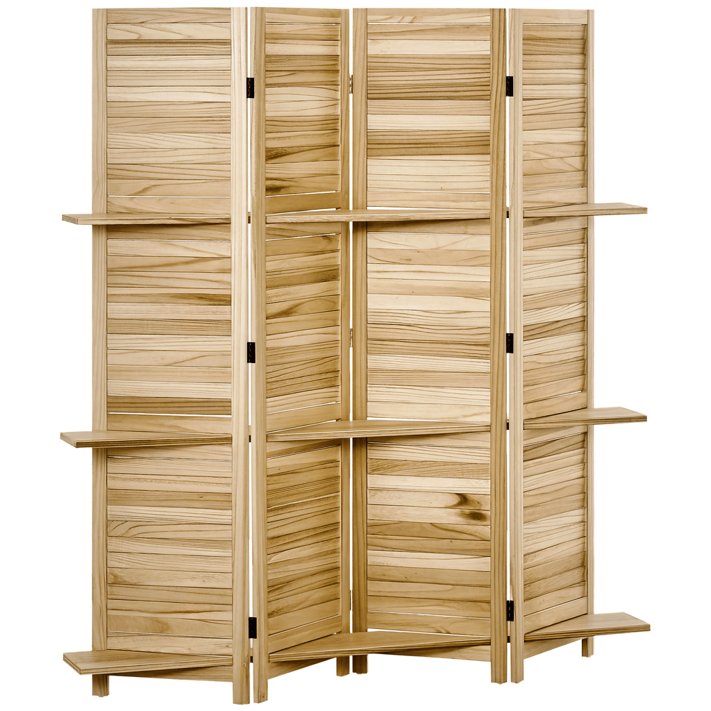 Freestanding Room Divider 4 Panel 5.5ft Paulownia Wood with Shelves Natural