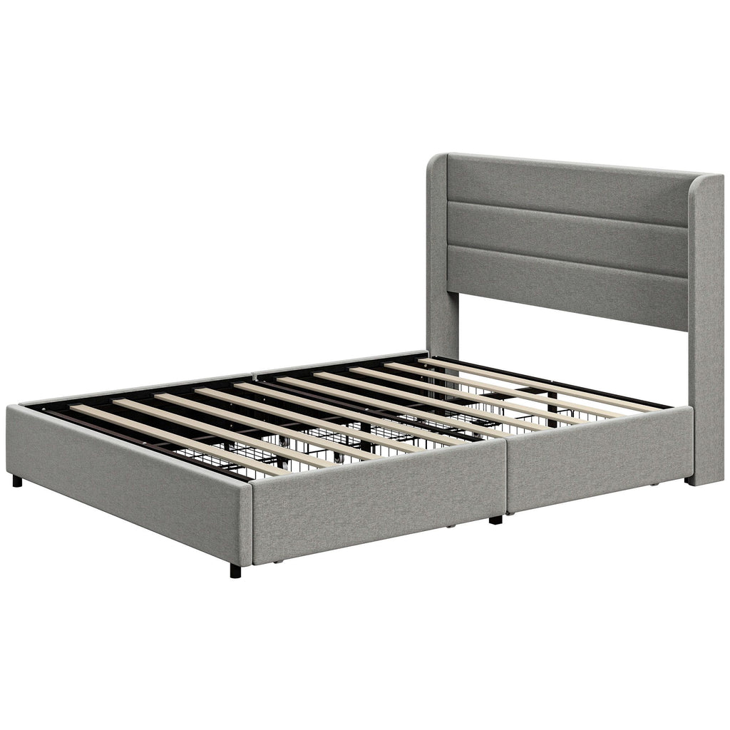 Full Bed Frame with Storage Drawers, Full Size Bed Base with Headboard, Wood Slats, Noise-Free, Light Gray