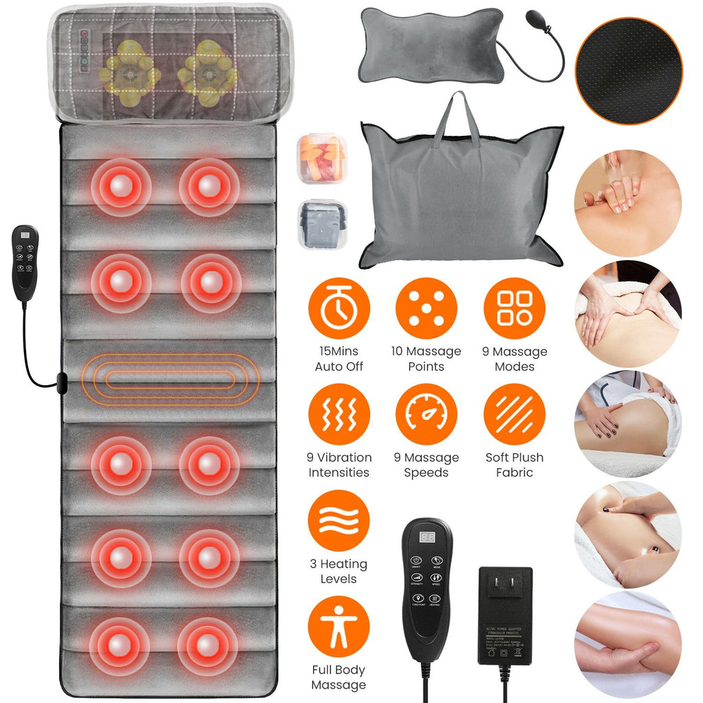 Full Body Vibration Massage Mat with Detachable Neck Pillow - 10 Massage Heads , 9 Modes/Intensities/Speeds, 3-Level Lumbar Heating (Separate Neck Heat), 15min Auto-Off, Inflatable Pillow