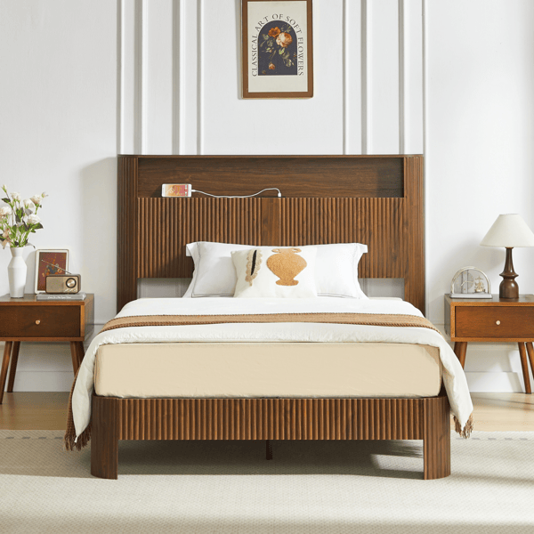 Full Extra Long(Full XL) Size bed frame with storage headboard, built-in charging station, wavy curved lines design, silent operation, metal support, Walnut