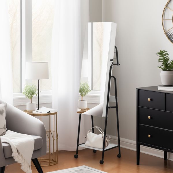 Full mirror wood flooring style, with storage shelves, white light beads, detachable foldable hanging bar at the back, jewelry storage mirror cabinet - white