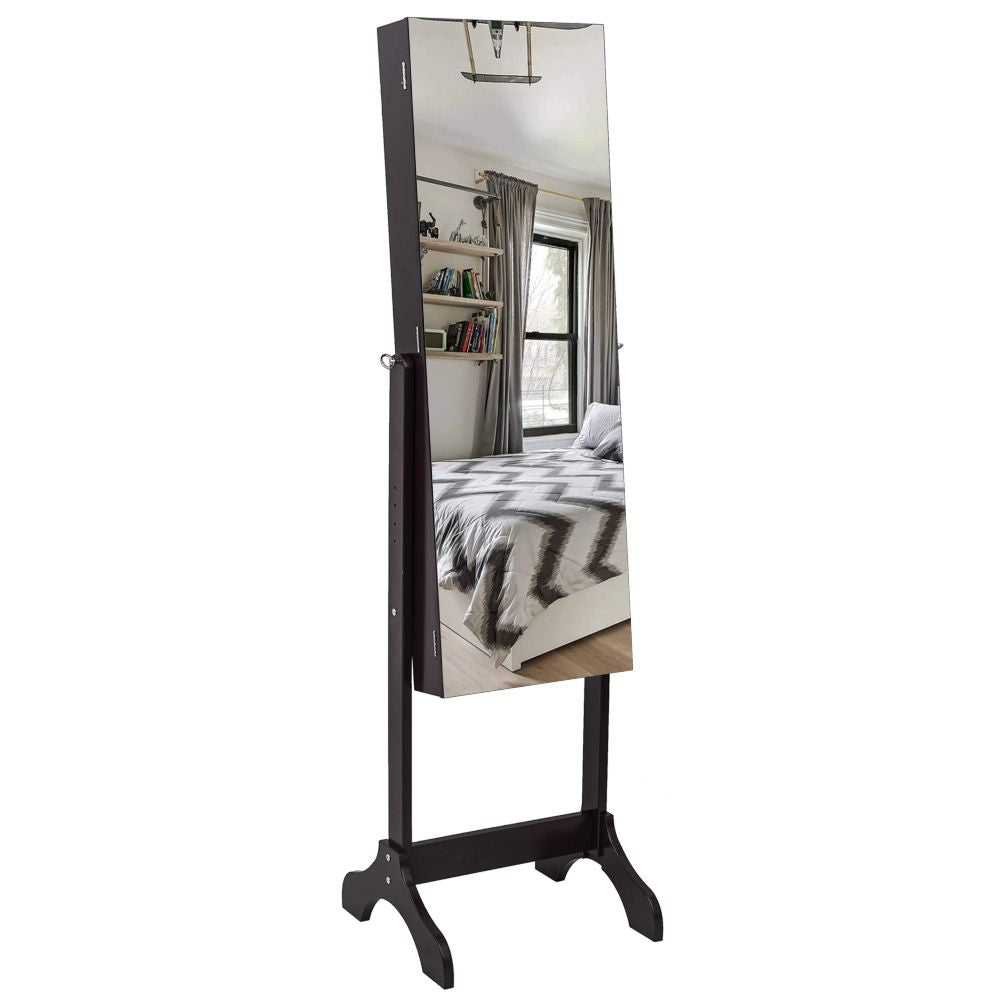 Full Mirror Wooden Floor Standing 4-Layer Shelf With Inner Mirror Jewelry Storage Adjustable Mirror Cabinet - Dark Brown--YS