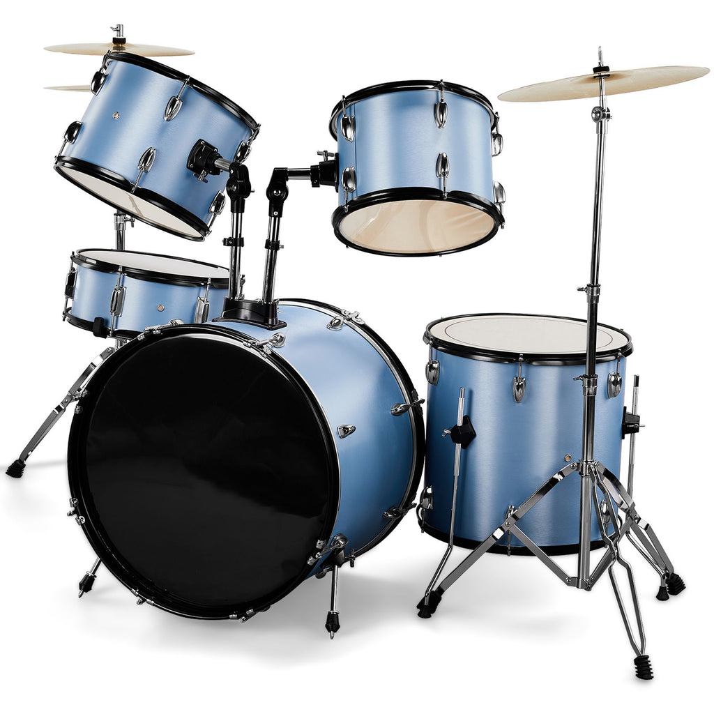 Full Size Adult Drum Set 5-Piece Blue with Bass Drum, two Tom Drum, Snare Drum, Floor Tom, 16" Ride Cymbal, 14" Hi-hat Cymbals, Stool, Drum Pedal, Sticks