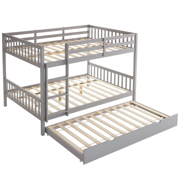 Full Size Bunk Bed with Trundle Bed, with Ladder and Safety Rails Pinewood Bunk Bed Gray