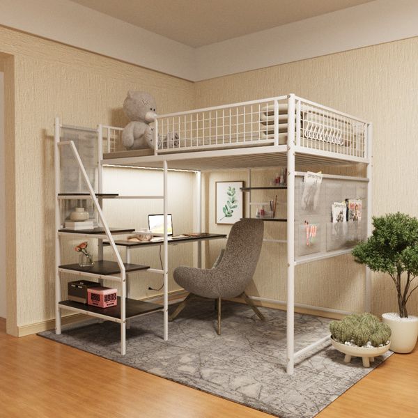 Full size loft metal bed with white for bedroom and dormitory, with built-in charging station and LED lighting