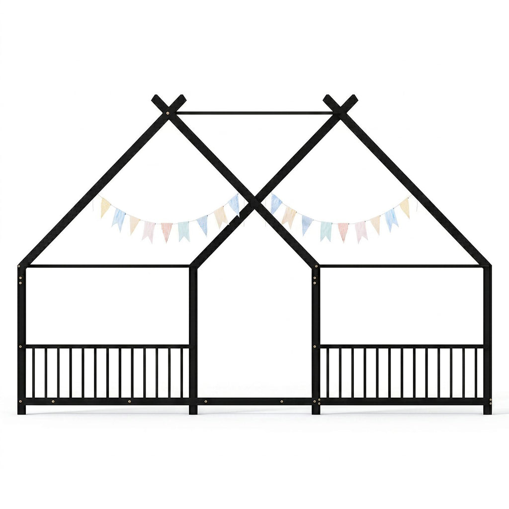 Full Size Metal House Bed Frame, Montessori Floor Bed with Safety Side Guard Rails, No Box Spring Needed, House-Shaped Platform Bed for Kids Toddlers Boys Girls, Black