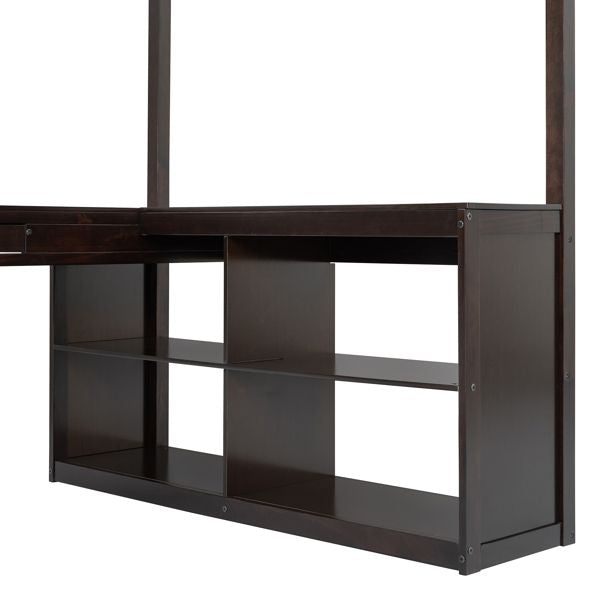 Full Wooden Loft Bed with U-shaped Desk,Storage Compartments and Tri-fold Mirror, Espresso