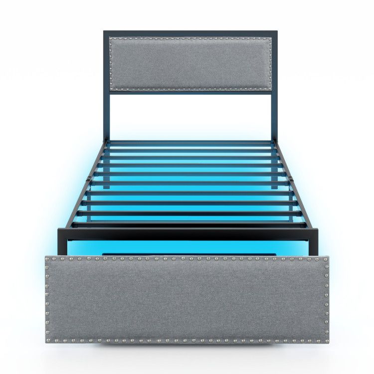 Full/Queen/Twin Size Bed Frame with LED Lights Drawer and Metal Slats