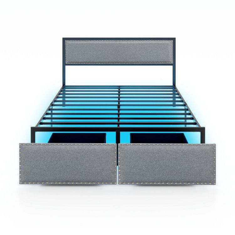 Full/Queen/Twin Size Bed Frame with LED Lights Drawer and Metal Slats