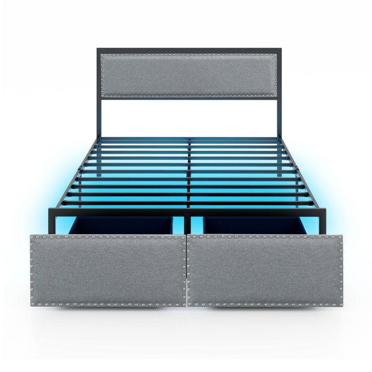 Full/Queen/Twin Size Bed Frame with LED Lights Drawer and Metal Slats