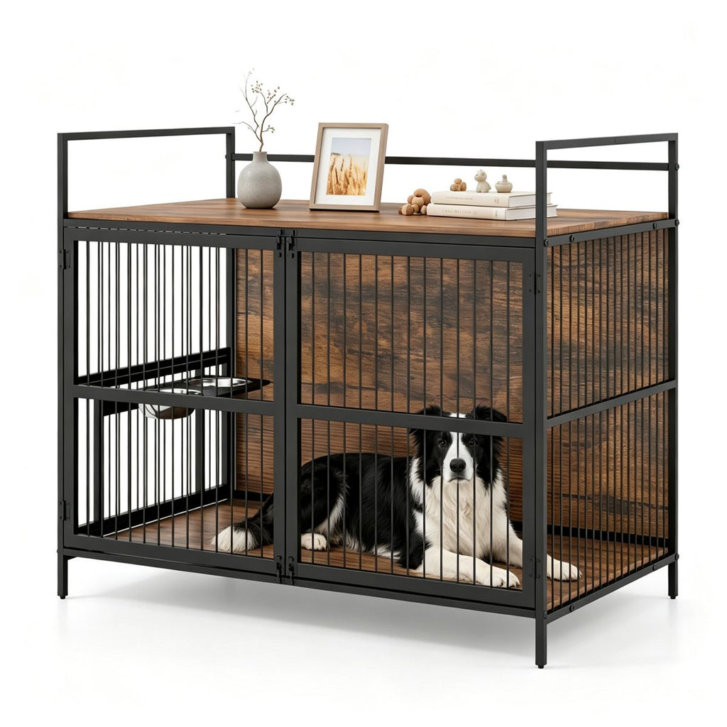 Furniture Style Dog Crate with 360 Rotatable Adjustable Height Bowls, Heavy-Duty Metal Dog Kennel with Dual Safety Locks, Anti-Escape Pet Cage End Table with Storage Tabletop for Indoor Use