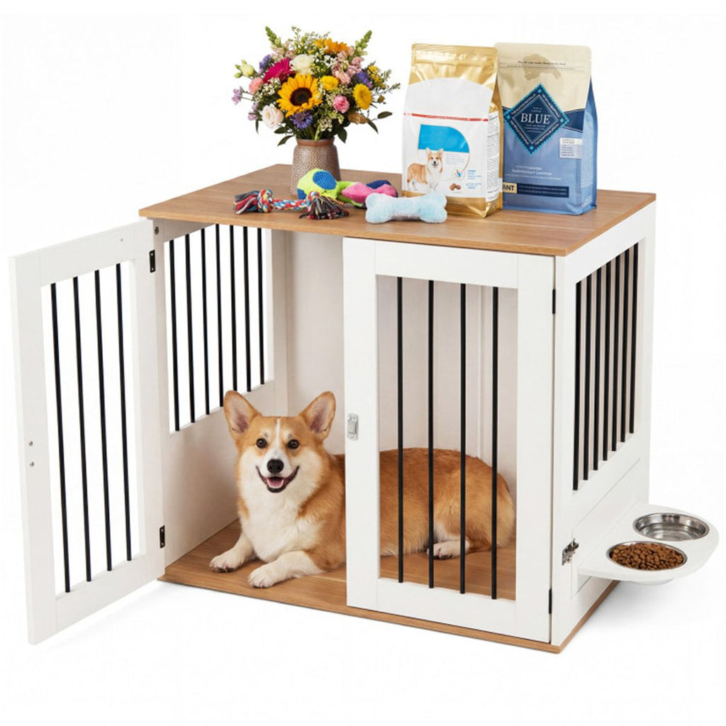 Furniture Style Dog Crate with 360° Rotating Feeder & 304 Stainless Steel Bowls, Double Locking Indoor Dog Kennel