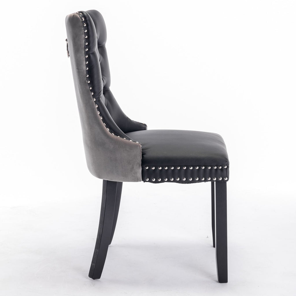 Furniture,Modern, High-end Tufted Solid Wood Contemporary PU and Velvet Upholstered Dining Chair with Wood Legs Nailhead Trim 2-Pcs Set, Black+Gray, SW2101BG