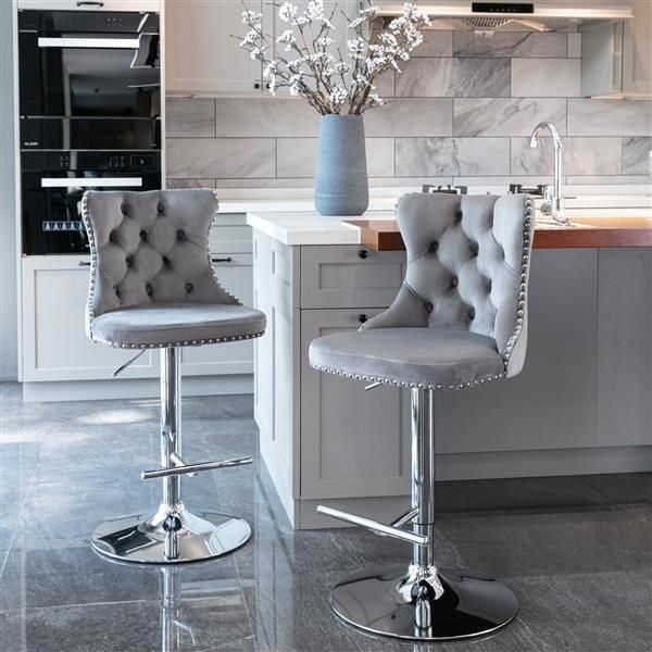 Furniture,Swivel Velvet Barstools Adjusatble Seat Height from 25-33 Inch, Modern Upholstered Chrome base Bar Stools with Backs Comfortable Tufted for Home Pub and Kitchen Island(Gray,Set of 2)