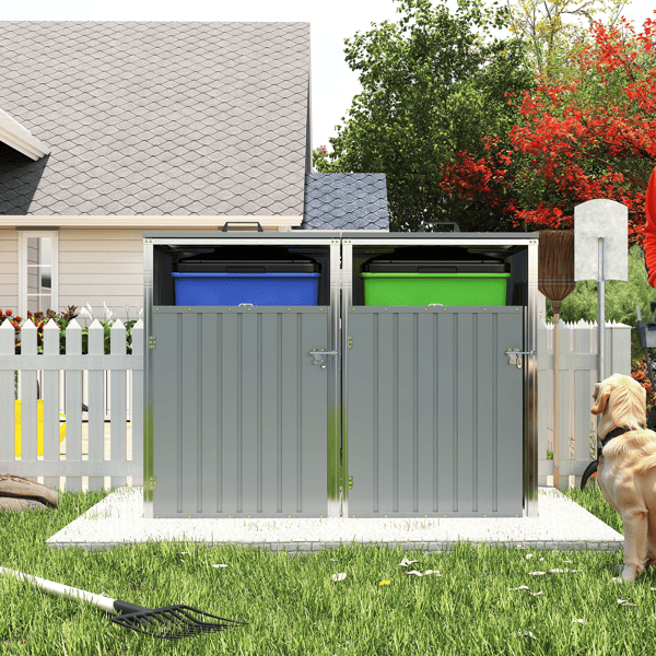 Garbage Bin Shed Stores 2 Trash Cans Metal Outdoor Bin Shed for Garbage Storage,54 cubic feet of space,Stainless Galvanized Steel, Bin Shed for Garden Yard Lawn,Grey
