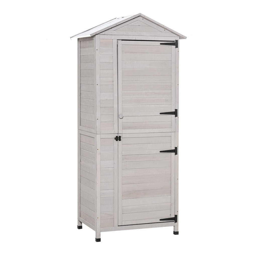 Garden Cabinet Light Gray Wooden 4-Tier Backyard Storage Shed 3 Shelves Lockable Organizer Tin Roof Magnetic Latch