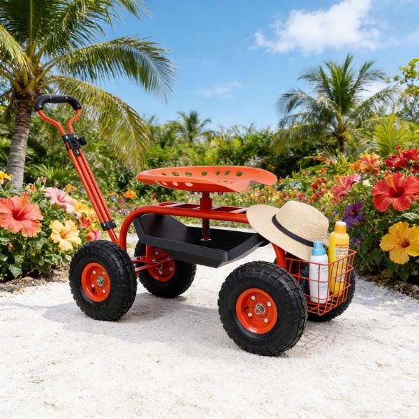 Garden Cart Rolling Scooter, Adjustable Height Heavy Duty Scooter, Rolling Garden Cart with 4 Wheels and Extendable Handle, Garden Stool Cart with 360-Degree Seat and Tool Tray (Red)