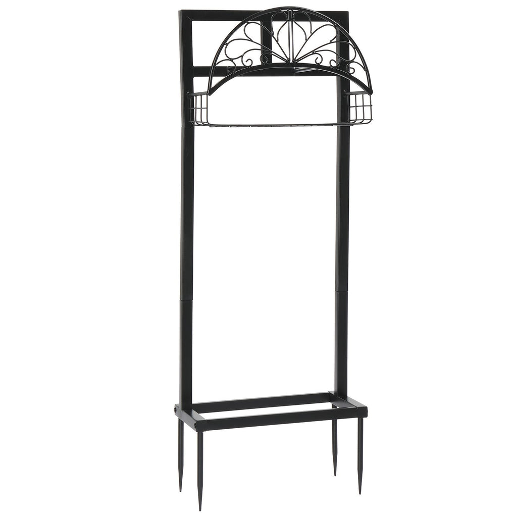 Garden Hose Holder, Water Hose Holder Stand with Storage Basket, Heavy Duty Freestanding Garden Hose Hanger Storage Rack with 4 Spikes for Outside Yard Lawn Farm, Black