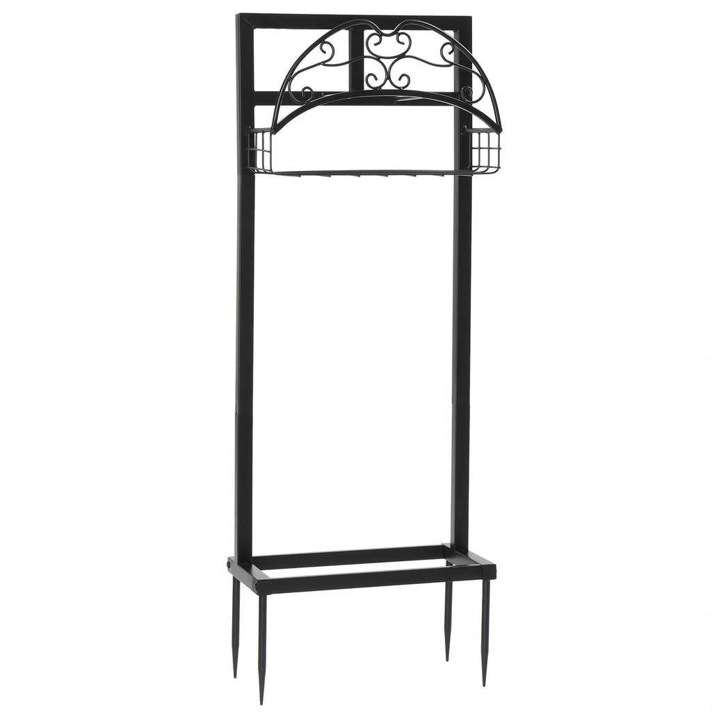Garden Hose Holder, Water Hose Holder Stand with Storage Basket, Heavy Duty Freestanding Garden Hose Hanger Storage Rack with 4 Spikes for Outside Yard Lawn Farm, Black